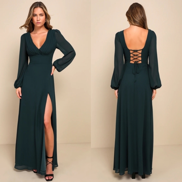 Lulus Marvelous Affair Emerald Green Pleated Lace-Up Maxi Dress Wedding Party - Picture 1 of 8